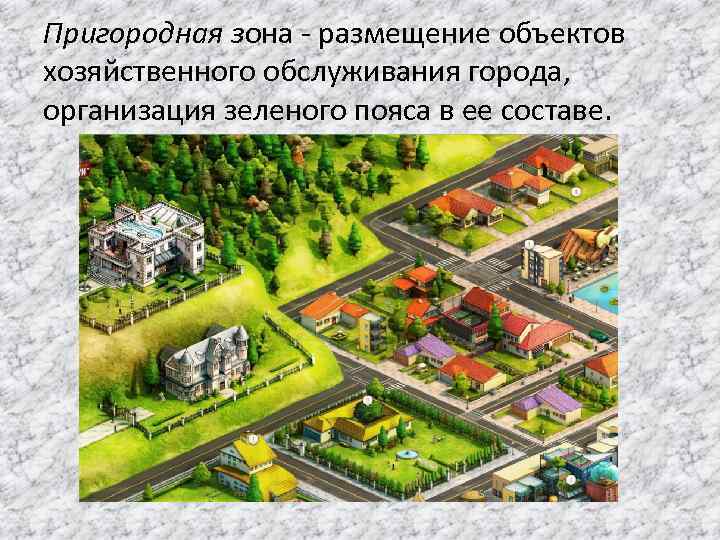 Пригородная зона - размещение объектов хозяйственного обслуживания города, организация зеленого пояса в ее составе.