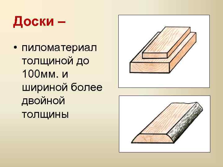 Доски – • пиломатериал толщиной до 100 мм. и шириной более двойной толщины 