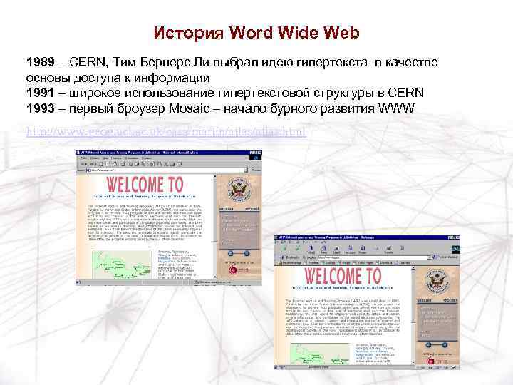 История Word Wide Web 1989 – CERN, Тим Бернерс Ли выбрал идею гипертекста в