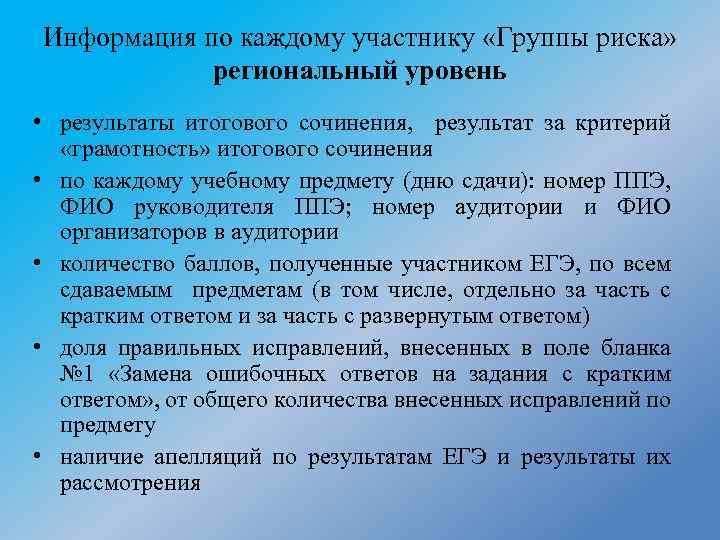 Информация по каждому участнику «Группы риска» региональный уровень • результаты итогового сочинения, результат за