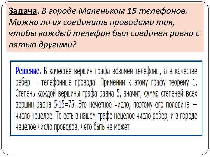 Задача. В городе Маленьком 15 телефонов. Можно ли их соединить проводами так, чтобы каждый