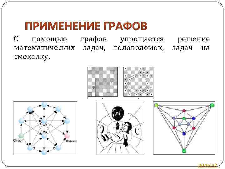 С помощью графов упрощается математических задач, головоломок, смекалку. решение задач на дальше 