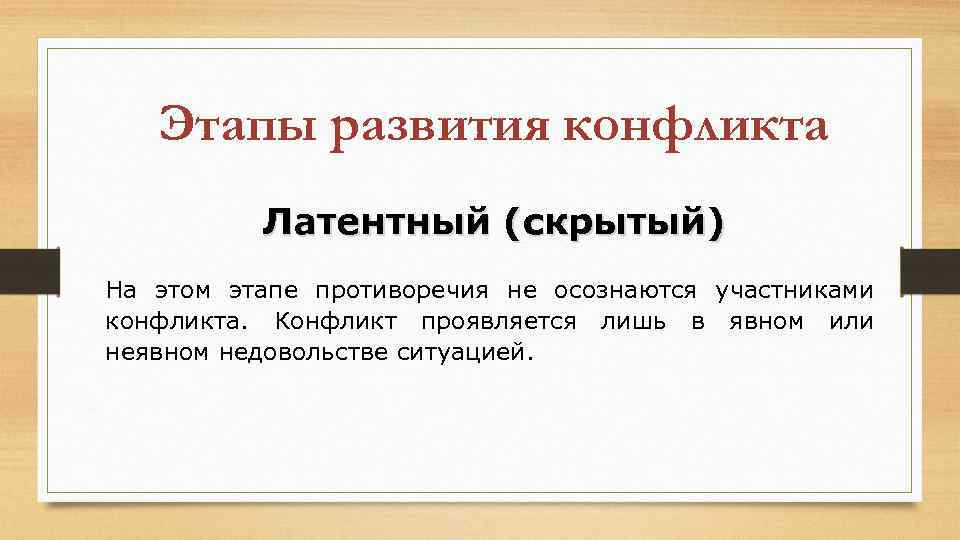Этапы развития конфликта Латентный (скрытый) На этом этапе противоречия не осознаются участниками конфликта. Конфликт