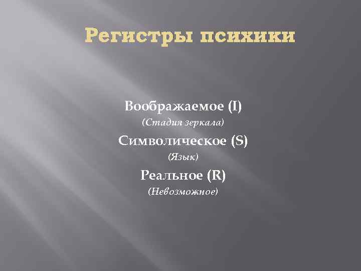 Регистры психики Воображаемое (I) (Стадия зеркала) Символическое (S) (Язык) Реальное (R) (Невозможное) 