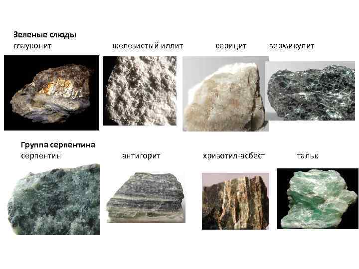 Зеленые слюды глауконит Группа серпентин железистый иллит антигорит серицит хризотил-асбест вермикулит тальк 