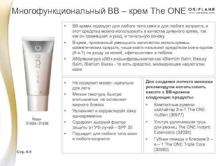 Многофункциональный ВВ – крем The ONE • • • Коды 31594 -31596 • •