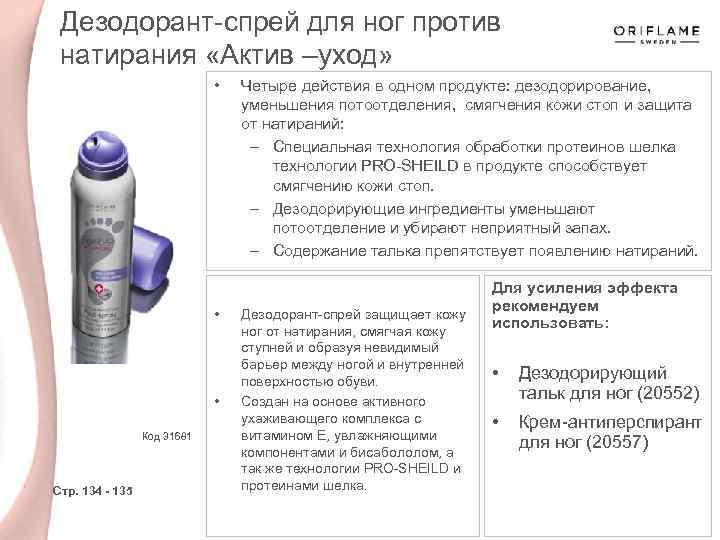 Дезодорант-спрей для ног против натирания «Актив –уход» • • • Код 31681 Стр. 134
