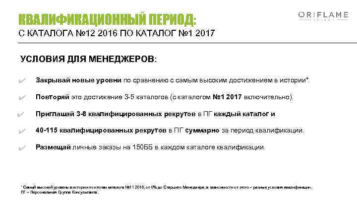 КВАЛИФИКАЦИОННЫЙ ПЕРИОД: С КАТАЛОГА № 12 2016 ПО КАТАЛОГ № 1 2017 УСЛОВИЯ ДЛЯ