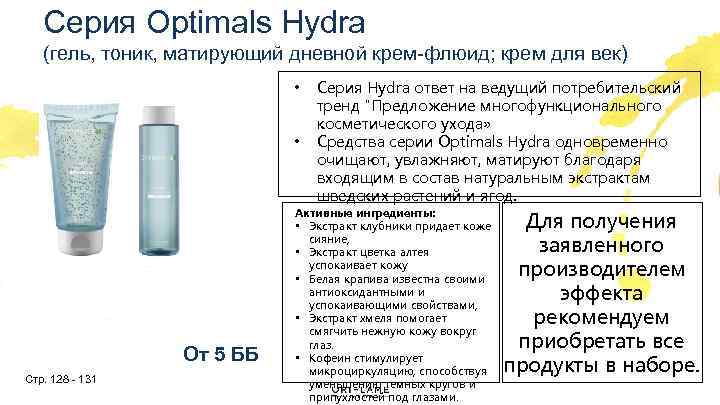 Серия Optimals Hydra (гель, тоник, матирующий дневной крем-флюид; крем для век) • • От