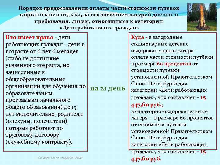 Порядок предоставления оплаты части стоимости путевок в организации отдыха, за исключением лагерей дневного пребывания,