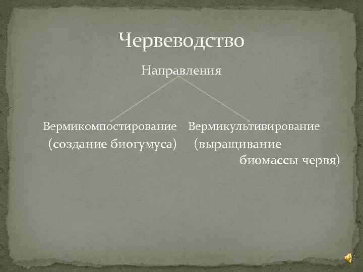 Червеводство Направления Вермикомпостирование Вермикультивирование (создание биогумуса) (выращивание биомассы червя) 