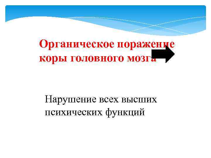 Органическое поражение коры головного мозга Нарушение всех высших психических функций 