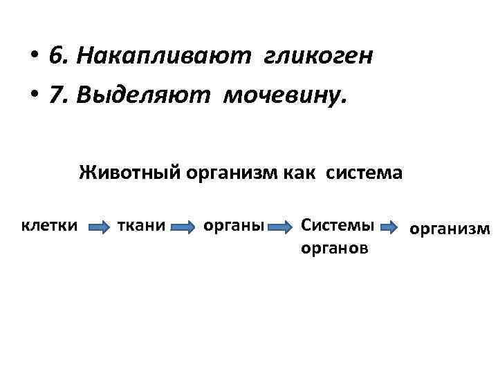  • 6. Накапливают гликоген • 7. Выделяют мочевину. Животный организм как система клетки