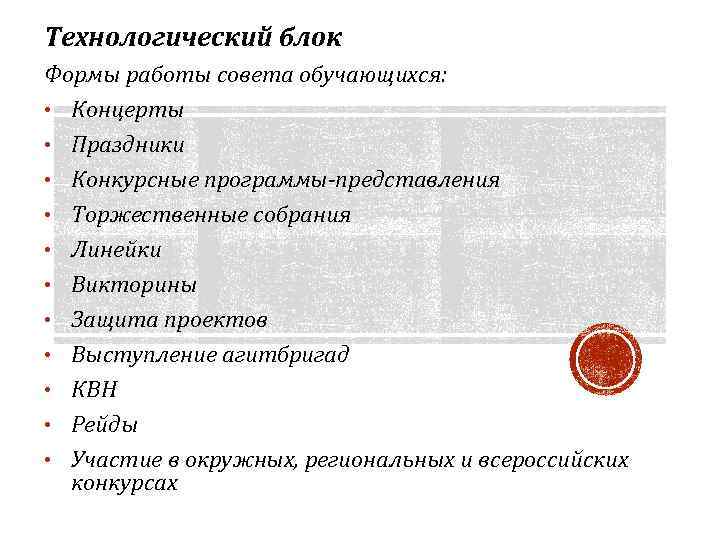 Технологический блок Формы работы совета обучающихся: • Концерты • Праздники • Конкурсные программы-представления •