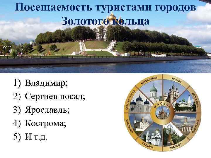 Посещаемость туристами городов Золотого кольца 1) 2) 3) 4) 5) Владимир; Сергиев посад; Ярославль;