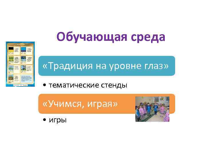 Обучающая среда «Традиция на уровне глаз» • тематические стенды «Учимся, играя» • игры 