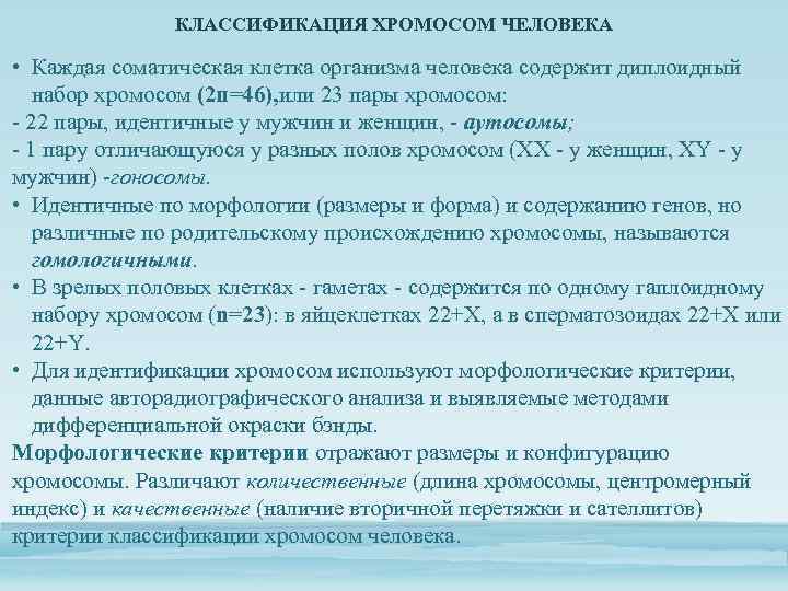 КЛАССИФИКАЦИЯ ХРОМОСОМ ЧЕЛОВЕКА • Каждая соматическая клетка организма человека содержит диплоидный набор хромосом (2