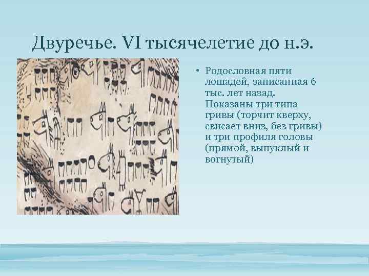 Двуречье. VI тысячелетие до н. э. • Родословная пяти лошадей, записанная 6 тыс. лет