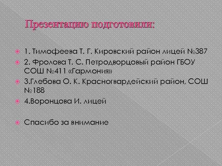 Презентацию подготовили: 1. Тимофеева Т. Г. Кировский район лицей № 387 2. Фролова Т.