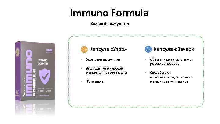 Immuno Formula Сильный иммунитет Капсула «Утро» Капсула «Вечер» • Укрепляет иммунитет • • Защищает