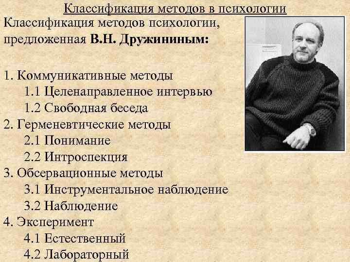 Классификация методов в психологии Классификация методов психологии, предложенная В. Н. Дружининым: 1. Коммуникативные методы