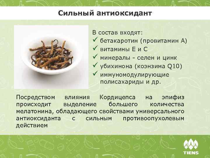 Сильный антиоксидант В состав входят: ü бетакаротин (провитамин А) ü витамины Е и С