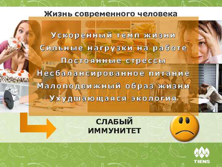 Жизнь современного человека Ускоренный темп жизни Сильные нагрузки на работе Постоянные стрессы Несбалансированное питание