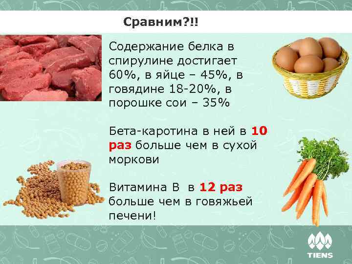 Сравним? !! Содержание белка в спирулине достигает 60%, в яйце – 45%, в говядине