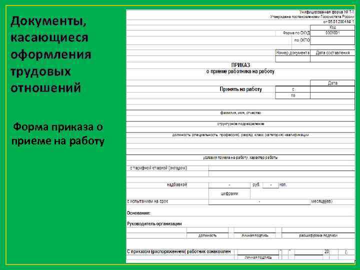 Документы, касающиеся оформления трудовых отношений Форма приказа о приеме на работу 