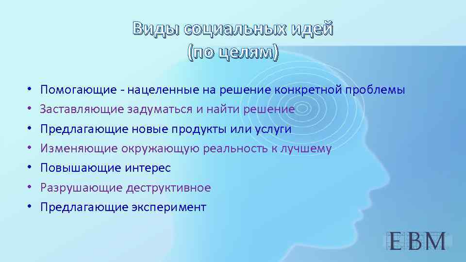 Виды социальных идей (по целям) • • Помогающие - нацеленные на решение конкретной проблемы