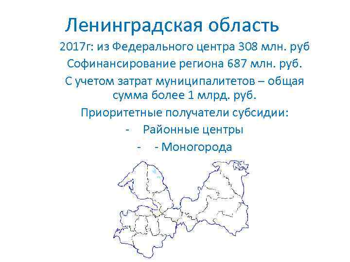 Ленинградская область 2017 г: из Федерального центра 308 млн. руб Софинансирование региона 687 млн.