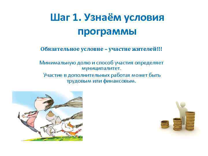 Шаг 1. Узнаём условия программы Обязательное условие – участие жителей!!! Минимальную долю и способ