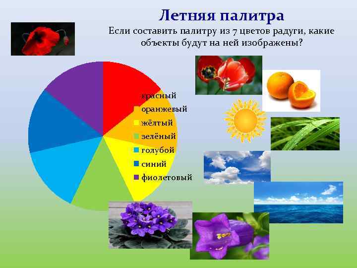 Летняя палитра Если составить палитру из 7 цветов радуги, какие объекты будут на ней