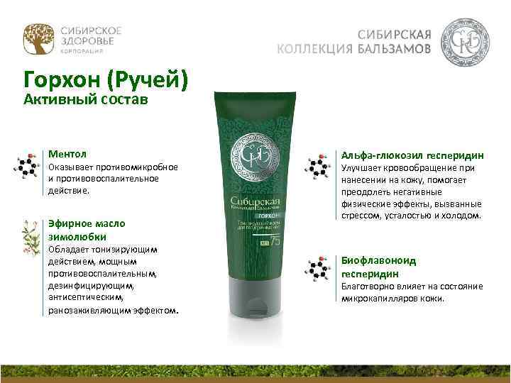 Горхон (Ручей) Активный состав Ментол Оказывает противомикробное и противовоспалительное действие. Эфирное масло зимолюбки Обладает