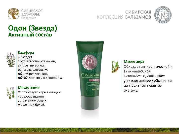 Одон (Звезда) Активный состав Камфора Обладает противовоспалительным, антисептическим, ранозаживляющим, общеукрепляющим, обезболивающим действием. Масло мяты
