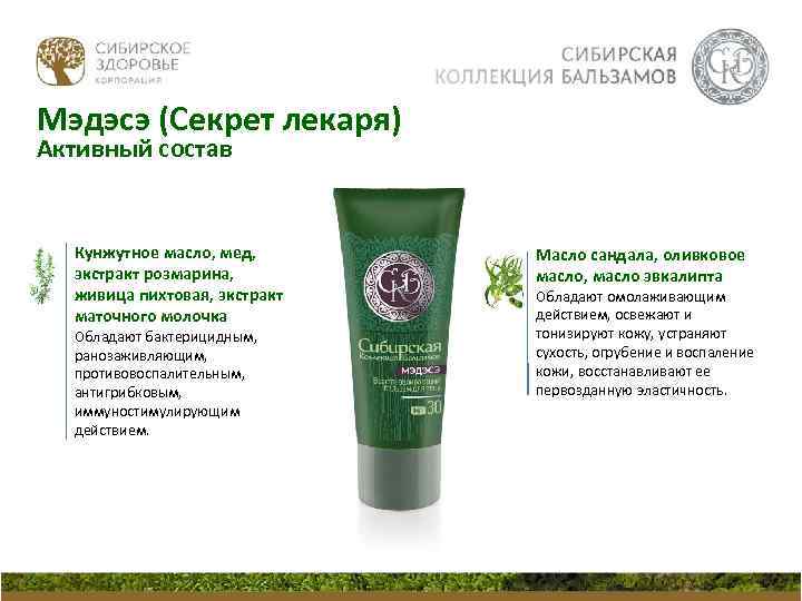 Мэдэсэ (Секрет лекаря) Активный состав Кунжутное масло, мед, экстракт розмарина, живица пихтовая, экстракт маточного