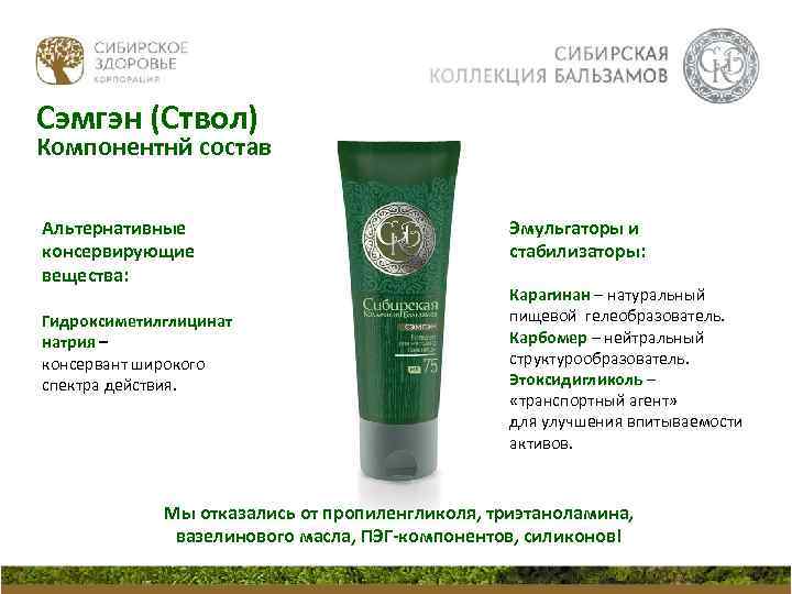 Сэмгэн (Ствол) Компонентнй состав Альтернативные консервирующие вещества: Гидроксиметилглицинат натрия – консервант широкого спектра действия.