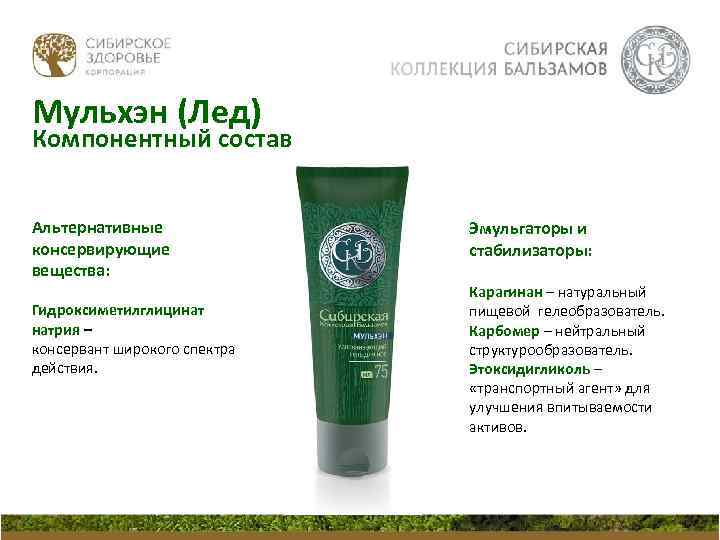 Мульхэн (Лед) Компонентный состав Альтернативные консервирующие вещества: Гидроксиметилглицинат натрия – консервант широкого спектра действия.