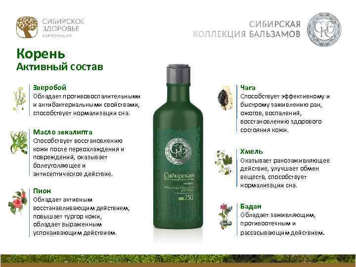 Корень Активный состав Зверобой Обладает противовоспалительными и антибактериальными свойствами, способствует нормализации сна. Масло эвкалипта