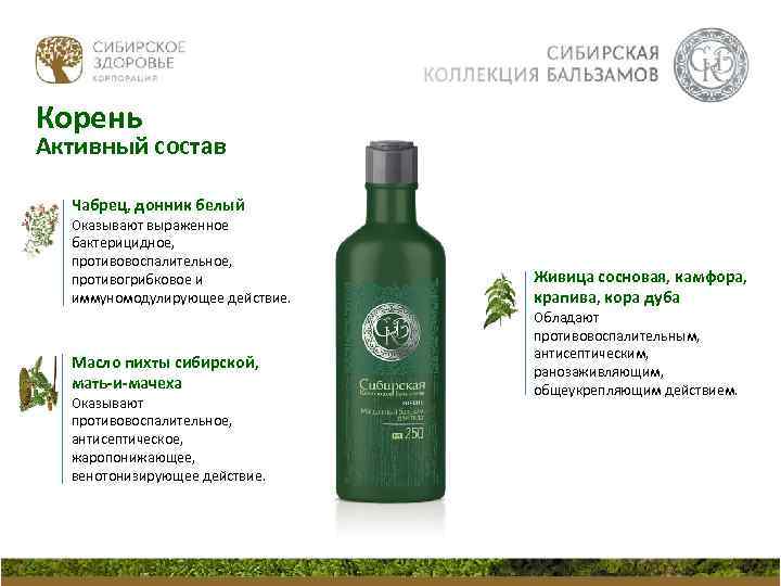 Корень Активный состав Чабрец, донник белый Оказывают выраженное бактерицидное, противовоспалительное, противогрибковое и иммуномодулирующее действие.