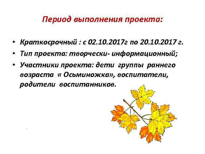 Период выполнения проекта: • Краткосрочный : с 02. 10. 2017 г по 20. 10.