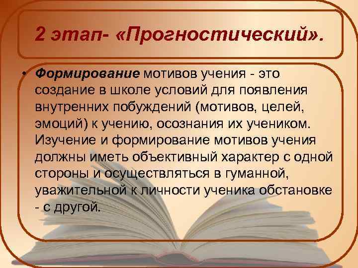 2 этап- «Прогностический» . • Формирование мотивов учения - это создание в школе условий