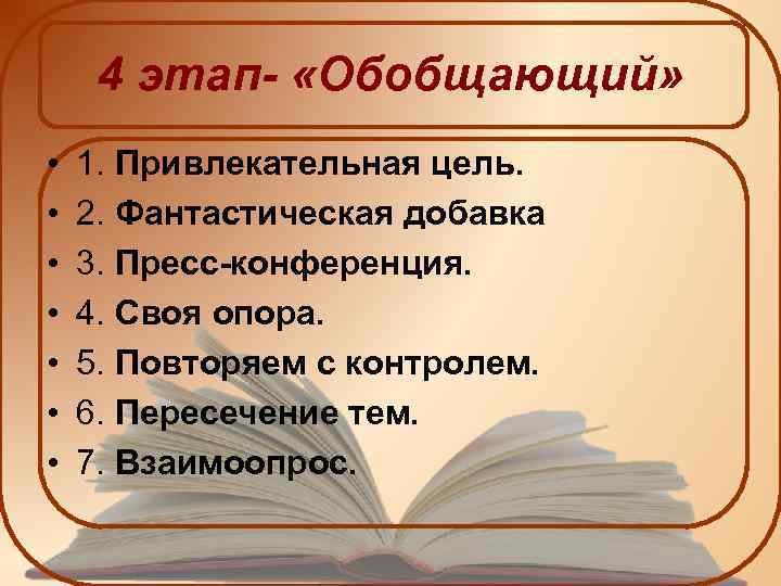 4 этап- «Обобщающий» • • 1. Привлекательная цель. 2. Фантастическая добавка 3. Пресс-конференция. 4.