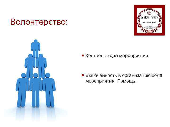 Волонтерство: ¡ Контроль хода мероприятия ¡ Включенность в организацию хода мероприятия. Помощь. 