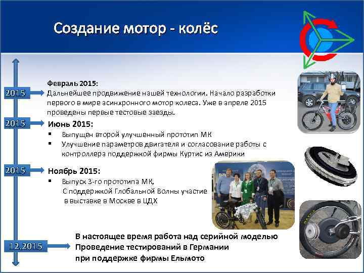 Создание мотор - колёс 2015 12. 2015 Февраль 2015: Дальнейшее продвижение нашей технологии. Начало