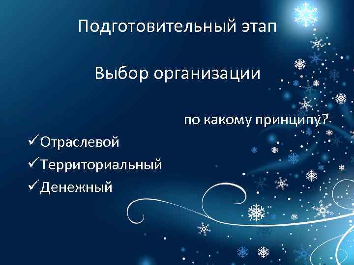 Подготовительный этап Выбор организации по какому принципу? ü Отраслевой ü Территориальный ü Денежный 