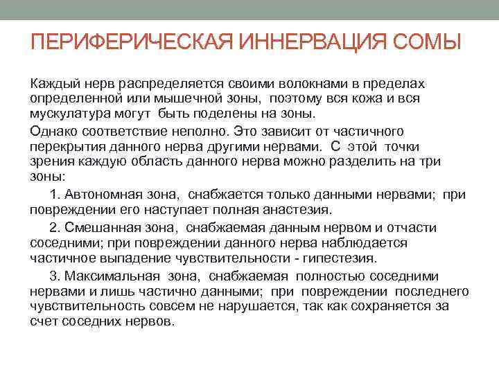 ПЕРИФЕРИЧЕСКАЯ ИННЕРВАЦИЯ СОМЫ Каждый нерв распределяется своими волокнами в пределах определенной или мышечной зоны,