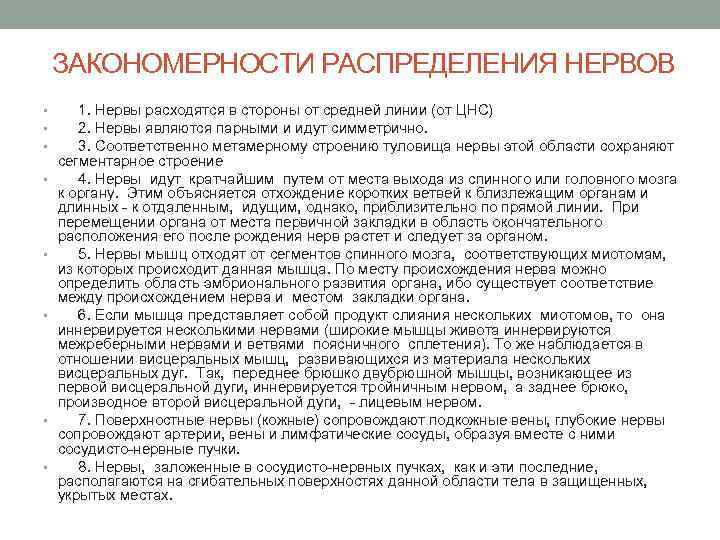 ЗАКОНОМЕРНОСТИ РАСПРЕДЕЛЕНИЯ НЕРВОВ • • 1. Нервы расходятся в стороны от средней линии (от