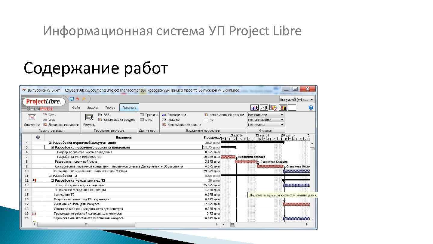 Информационная система УП Project Libre Содержание работ 