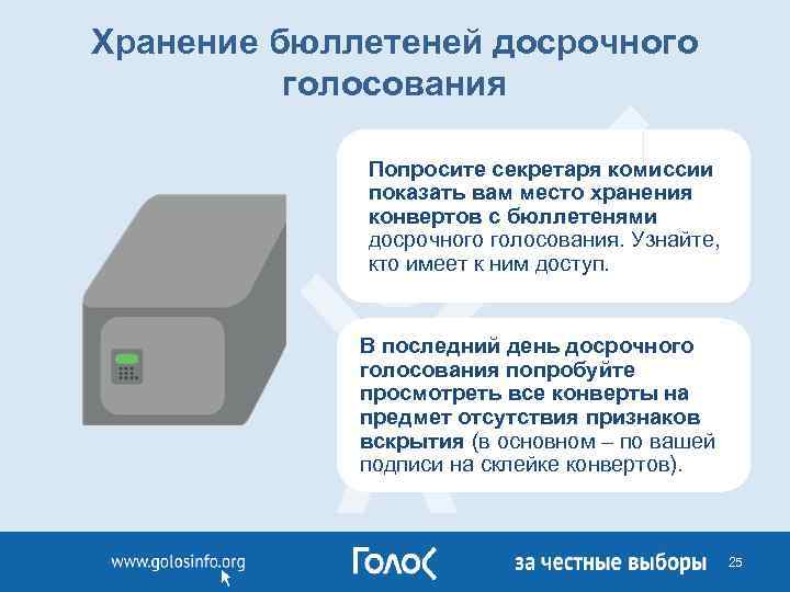 Хранение бюллетеней досрочного голосования Попросите секретаря комиссии показать вам место хранения конвертов с бюллетенями